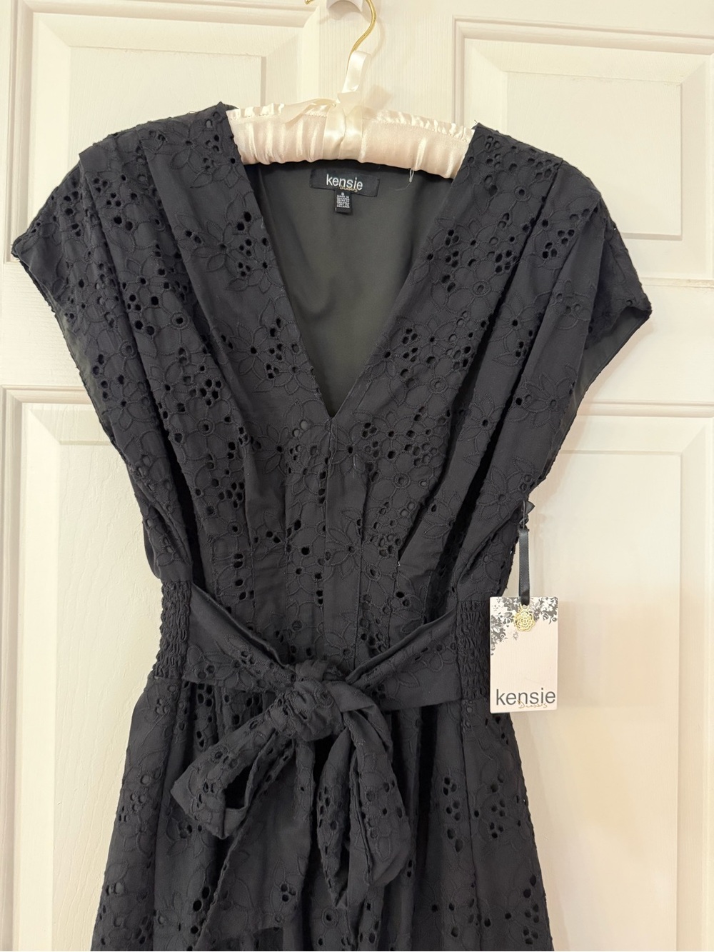 🖤kensie Black Eyelet Midi Wrap Dress with Waist Tie NWT - Picture 2 of 12